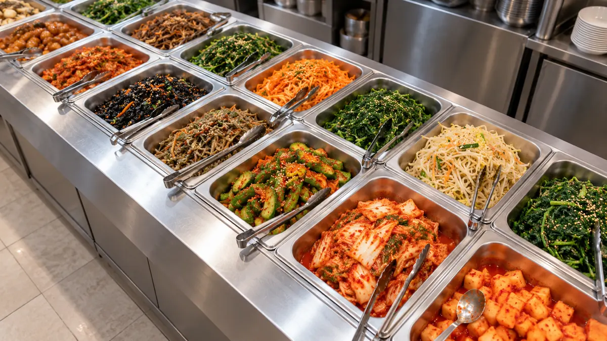 한식 매장 배식 카운터에 반찬 통이 줄지어 놓인 모습